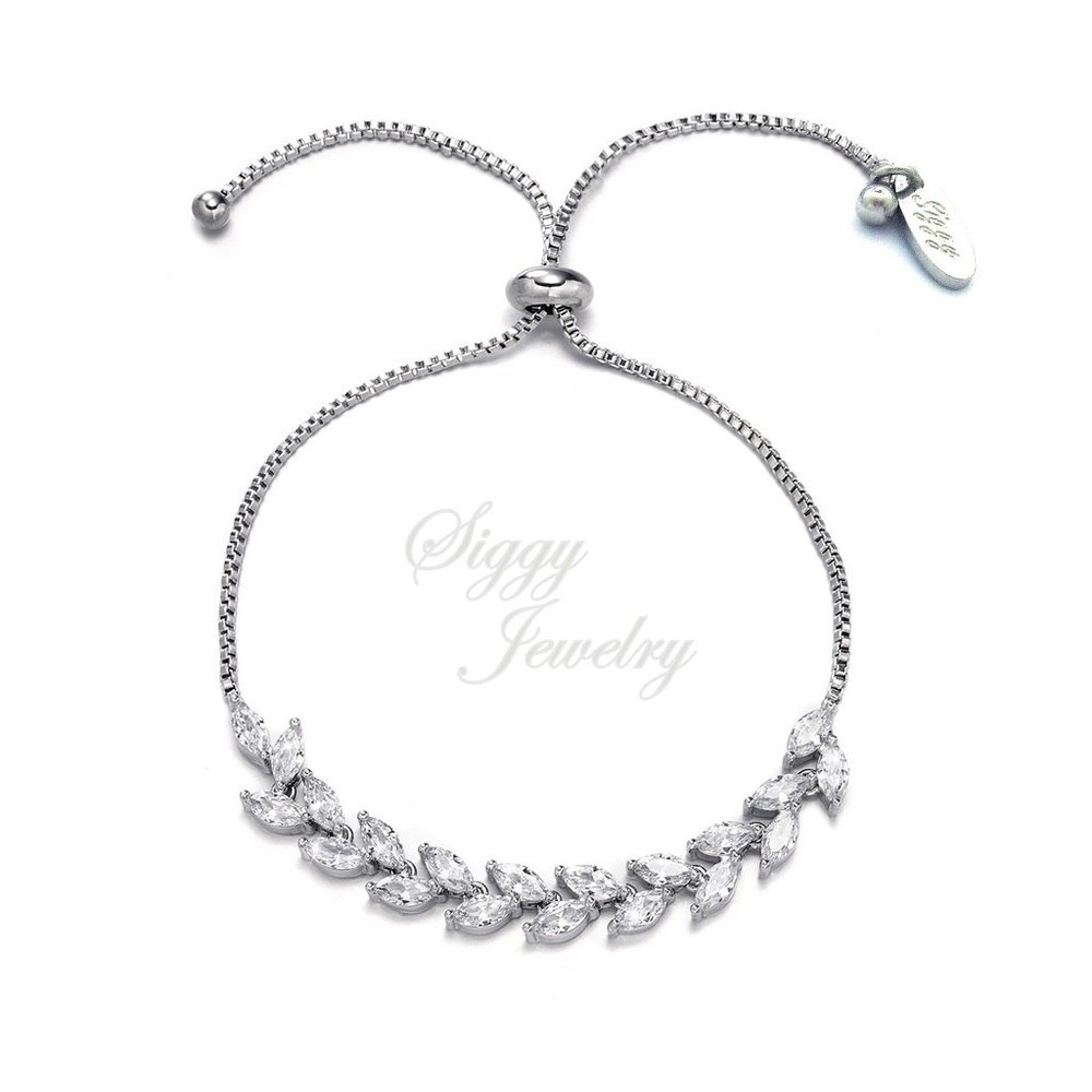 Delicate CZ Leaf Bridal Bolo Adjustable Bracelet